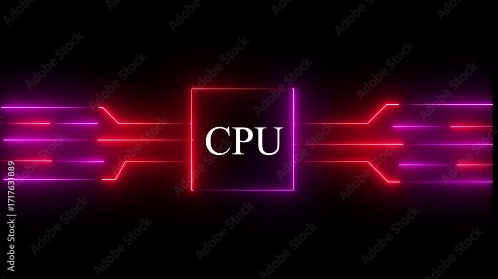 Fototapete glowing neon multicolor cpu circuit board background. computer motherboard with cpu icon , processor