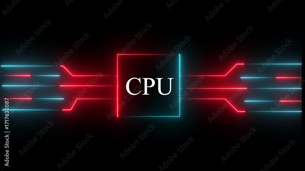 Fototapete glowing neon multicolor cpu circuit board background. computer motherboard with cpu icon , processor