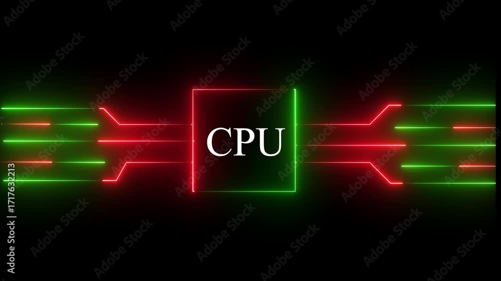 Fototapete glowing neon multicolor cpu circuit board background. computer motherboard with cpu icon , processor