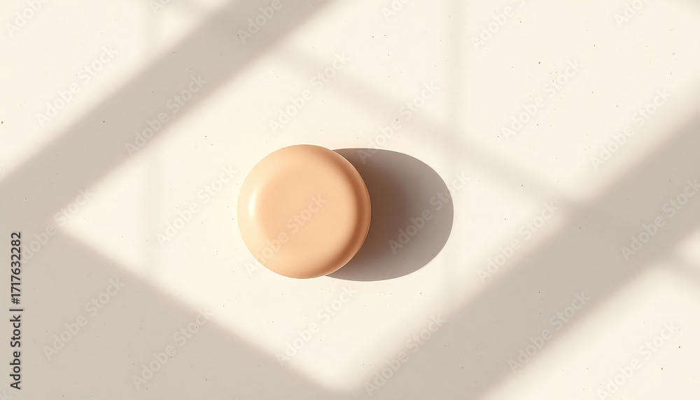 Poster minimalist composition showing a round container on a textured surface with sunlit window shadows