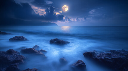 Fototapeta premium Dramatic seascape in a fantasy style, in blue and silver tones, representing a magical and mysterious night