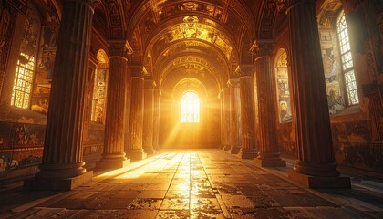 Obraz premium Ornate Golden Hallway at Sunrise with Sunlight Streaming Through Windows