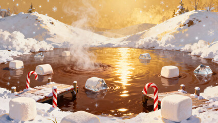 Christmas fantasy digital painting. Surreal hot chocolate lake with marshmallow icebergs.