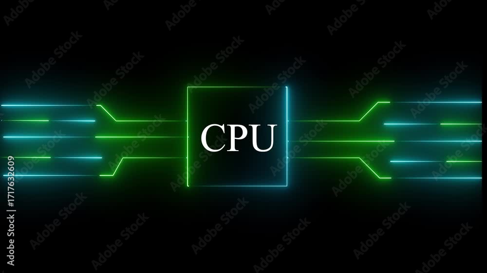Fototapete glowing neon multicolor cpu circuit board background. computer motherboard with cpu icon , processor