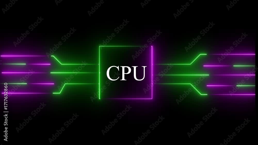 Fototapete glowing neon multicolor cpu circuit board background. computer motherboard with cpu icon , processor