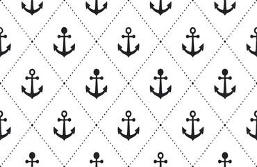 Nautical seamless pattern featuring a repeating motif of simple black anchors on a white background, perfect for marine-themed designs and maritime decor