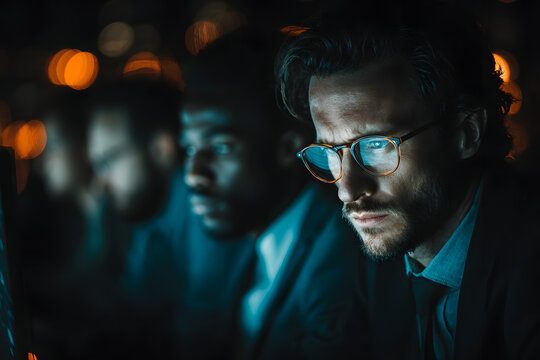 Group of business colleagues as a part of multinational corporate team working on project to protect clients information at cybersecurity compliance division. Generative Ai.