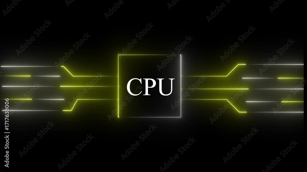 Fototapete glowing neon multicolor cpu circuit board background. computer motherboard with cpu icon , processor