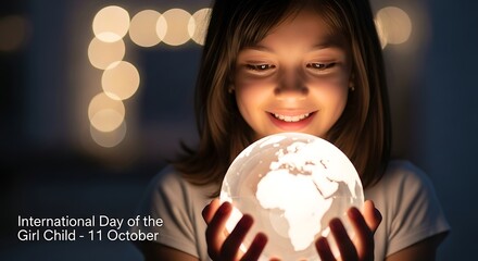 Fototapeta premium Young girl holding a glowing globe representing earth and hope