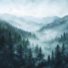 Forest trees surrounded by morning mist high resolution picture