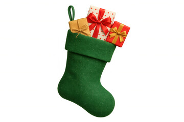 Green christmas stocking overflowing with holiday gifts and festive presents, celebrating winter season