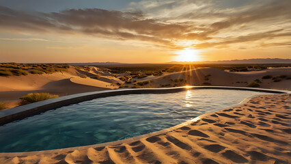 sunset over the river, pool surrounded by sand dunes under a golden sunset
