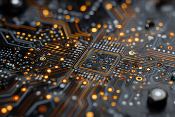 Computer technology image with circuit board background, ideal for various topics related to computers and AI. Photo generative AI