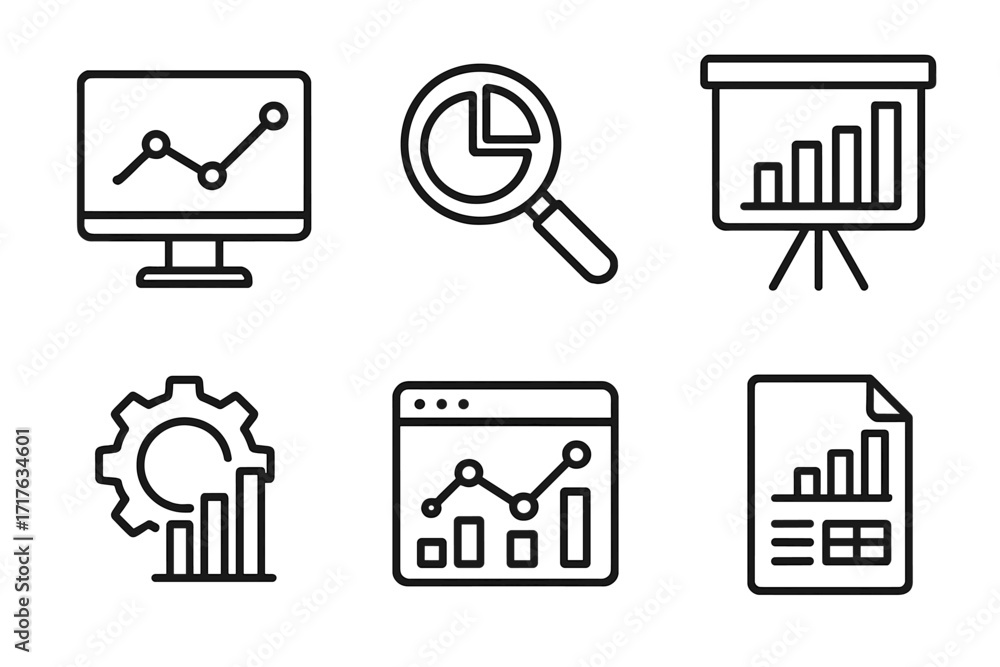 Poster data analysis icon set. linear style vector icons for business intelligence, statistics, and financi