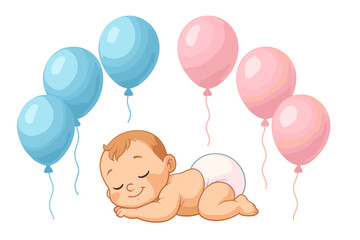 Gender reveal party design element. Boy or girl question with blue and pink helium balloons and a cute sleeping newborn baby. Vector realistic 3d illustration for a poster.