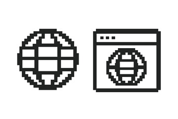 Pixel art internet icon set. 8 bit retro style globe and browser window symbol. Vector illustration of a world wide web, global network and connection concept. Digital sign.