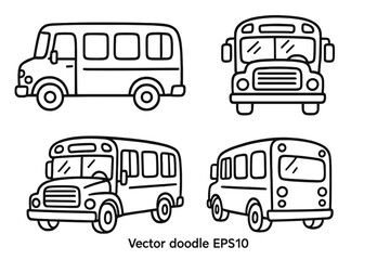 School bus vector icon set. Doodle line art illustration of public transport for children. Collection of buses from front, side, and perspective views. Back to school concept.