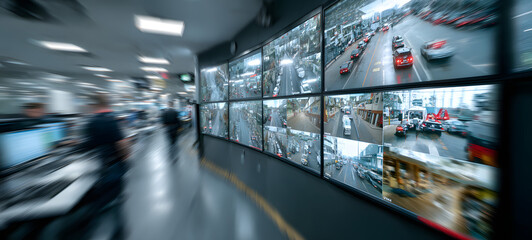 Security guards in security control room with video wall or legal service of danger in office Worker, law patrol, Police Officer's Expertise in an Emergency Call Center, Blurred image