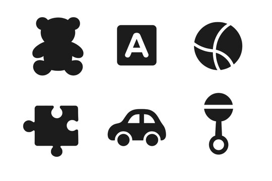 Baby toy icon set. Minimalist black silhouettes: teddy bear, alphabet block, ball, puzzle, car, rattle. Vector design for childhood, playtime, newborn, baby shower, nursery.