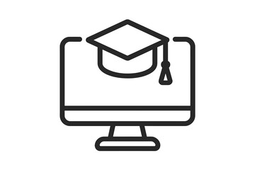 E-learning thin line icon. Online education and distance learning concept. Graduation cap on computer monitor screen. Vector symbol for webinar, university, course, study, knowledge.
