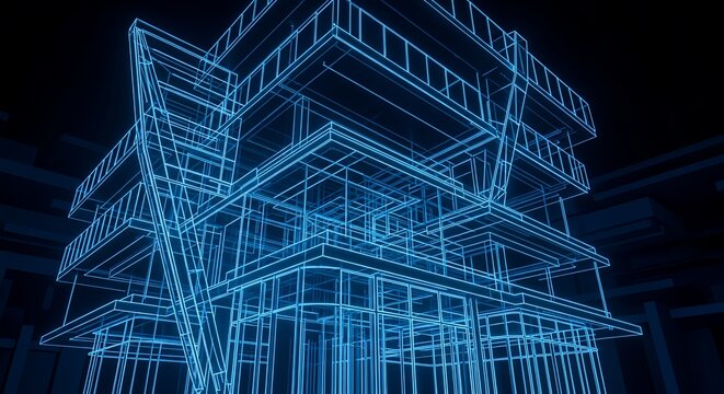 Abstract architectural blueprint illustration of a modern multi-story building illuminated in blue, concept for urban planning, structural engineering and architectural visualization