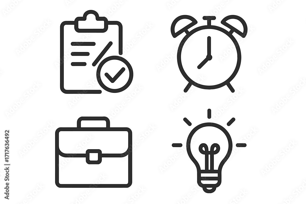 Poster business icons set for productivity. time management and creative idea concept. minimalist outline s