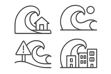 Tsunami and Wave Icons Set with Linear Style, Cartoon Vector Illustrations Including Warning Sign, House, and City Flood Elements, Transparent Background