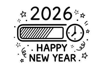 Happy New Year 2026 loading concept. Doodle with progress bar reaching midnight. Countdown to New Year's Eve with clock. Vector download screen for holiday celebration.