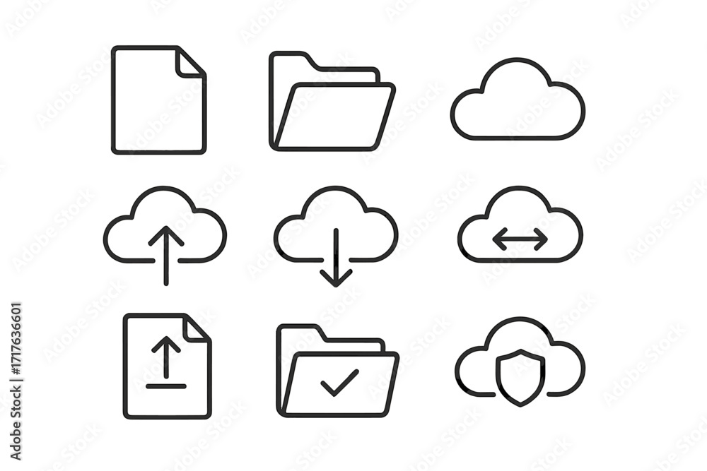 Poster cloud computing and file management line icon set. vector icons for data storage, upload, download, 