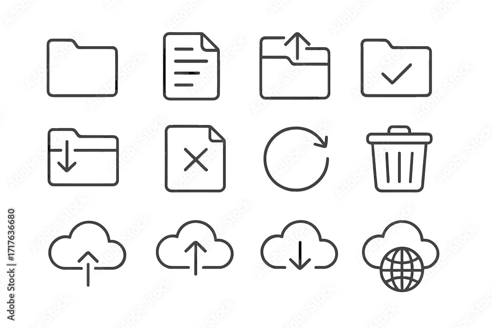 Poster file management line icon set. cloud computing technology vector. data storage, document, folder, up