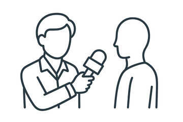 Interview concept. Journalist with microphone. Press media reporter icon. News broadcast communication. Journalism symbol. Vector outline pictogram. Man talking live report illustration.