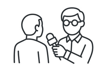 Journalist interview icon. Reporter with microphone live broadcasting. Press media news report. Thin line vector illustration. Man asking question. Public opinion poll concept.