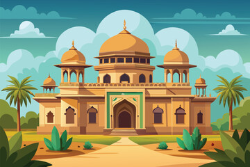 Majestic Golden Palace With Palm Trees And Blue Sky Background