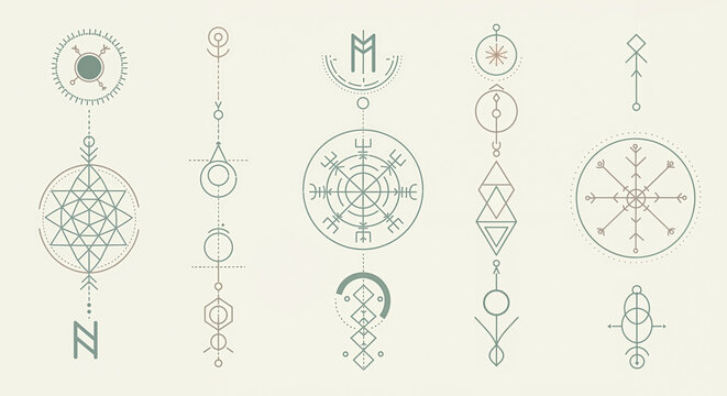Geometric spiritual symbols and sigils in minimalist style  