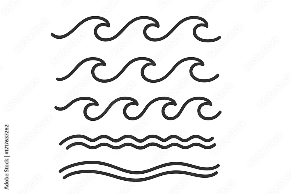Poster set of linear wave icons, water symbols and abstract line art, minimalistic vector waves illustratio