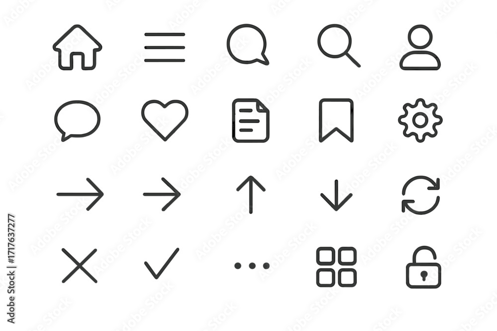 Poster minimalist web and app interface icon set in line style with transparent background, vector cartoon 