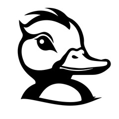 Black and white graphic illustration of a duck head with detailed eye and beak design presented clearly