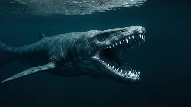 Majestic ancient shark swimming in dark ocean depths