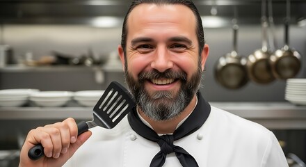 A friendly chef, smiling and holding a spatula, stands in a professional kitchen setting.