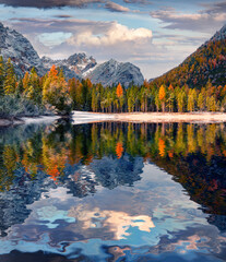 First snow on Braies Lake.