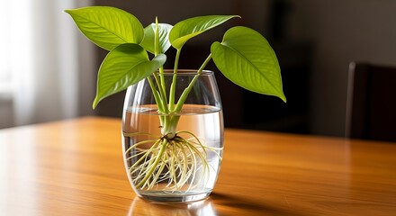 A vibrant houseplant with lush green leaves, displayed in a clear glass vase, showcasing its developing roots, sits on a light wooden table.