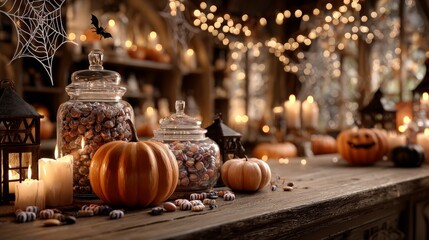 Fototapeta premium Front view of a 3D Halloween themed scene for product presentation with empty center surrounded by pumpkins, candies, candles, bats, and spider webs creating festive spooky autumn atmosphere