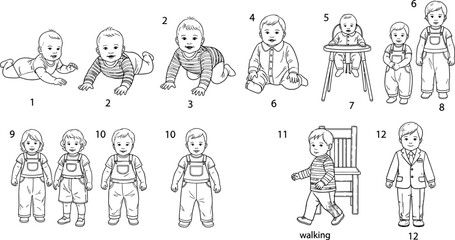 Child development stages vector showing infant to toddler growth milestones, physical activities, posture changes, behavioral progress, and early childhood evolution