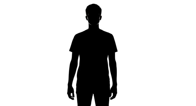 Full silhouette of a man in a t-shirt, standing against a plain white background, showcasing a simple, clean design.