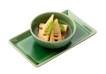 Steamed bamboo shoots, subtly seasoned, are presented in a small, emerald green bowl on a matching rectangular plate against a stark black background.