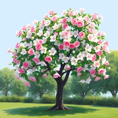 Fototapeta premium A flowering tree with pink roses and white blossoms in a green field setting