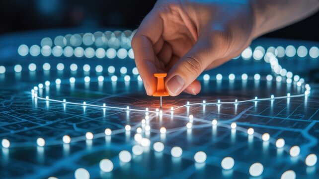 Strategic Localization: An overhead perspective showcases a hand precisely positioning a vibrant orange pin onto a digital map. - Powered by Adobe