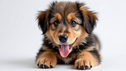 A cute cobberdog puppy sits and pants on a white background, exuding charm and playfulness