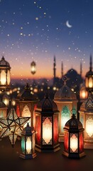 Obraz premium Intricate decorative lanterns illuminate a tranquil evening scene, showcasing warm hues and a serene atmosphere.