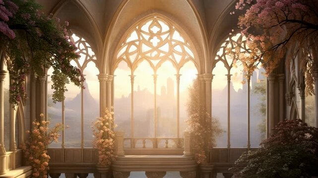 A dreamy, medieval-style video backdrop with a wide-angle view of ornate arches framing a serene landscape bathed in golden sunlight. Live desktop wallpaper.